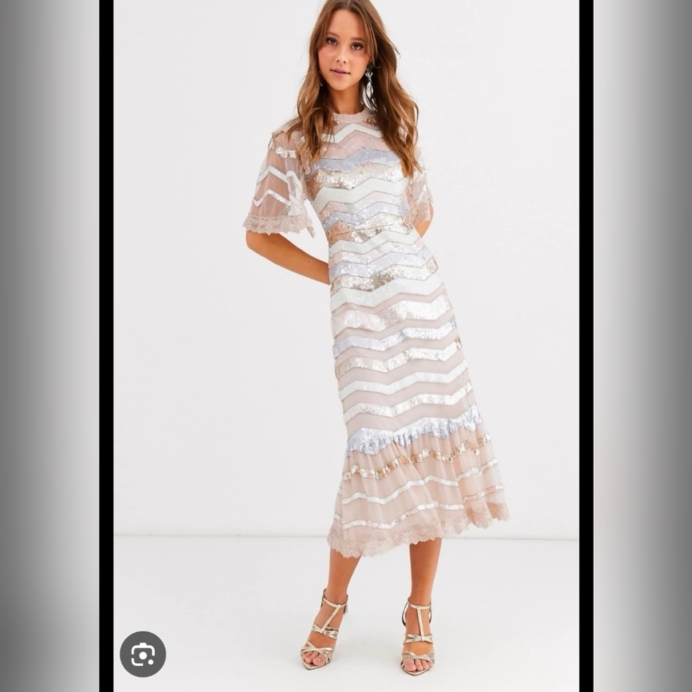 Needle & Thread Sequin Chevron Midi Dress in Gold and Silver